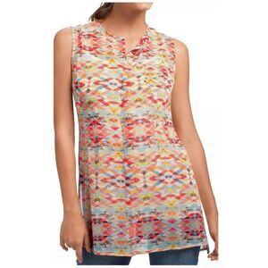 CAbi Avery Aztec Geo Print Chiffon Sheer Button Front Tunic Blouse Muti-color M